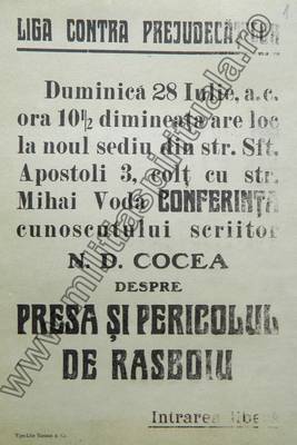 Afiş care anunţa conferinţa „Presa şi pericolul de război” susţinută de scriitorul N. D. Cocea (28 iulie 1935). ANIC, Fond 151, Dosar nr. 2.